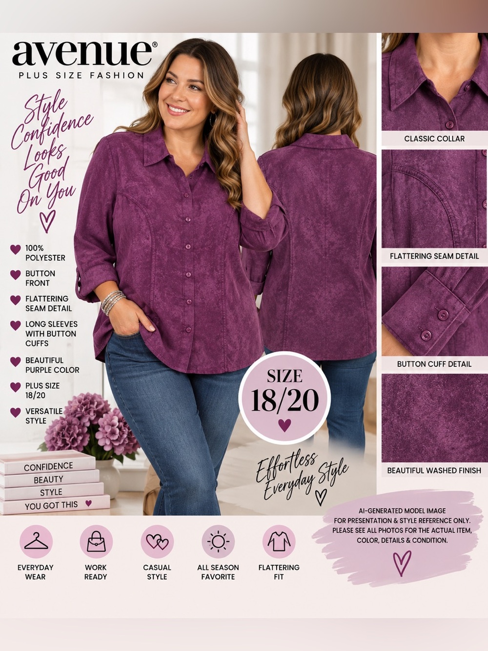 Avenue Purple Washed Button Front Tunic Blouse Plus Size 18/20
